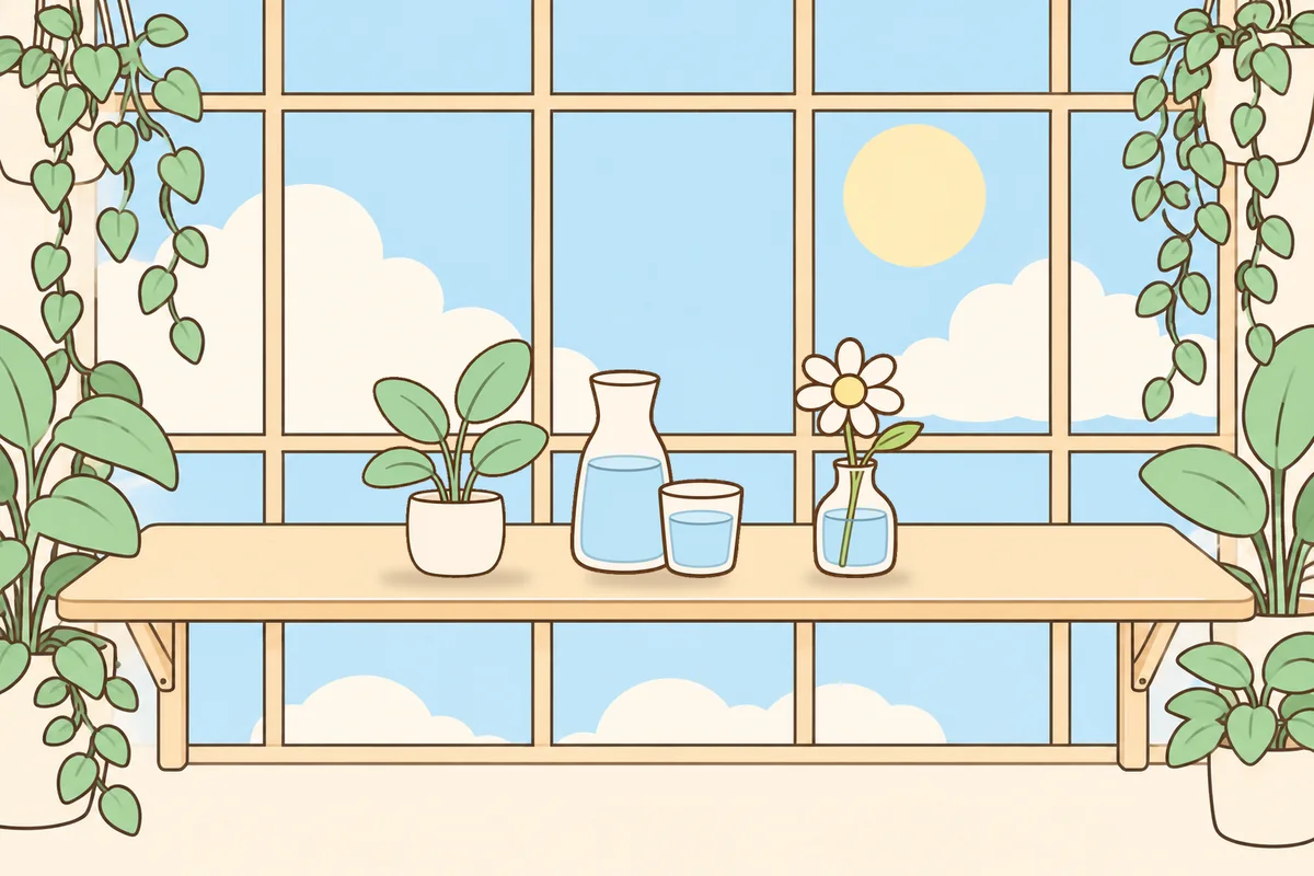 의왕 여성전용 라벤더 아로마 안내 그림, 햇살 드는 창가 선반 위의 화분, 물병, 데이지 꽃병