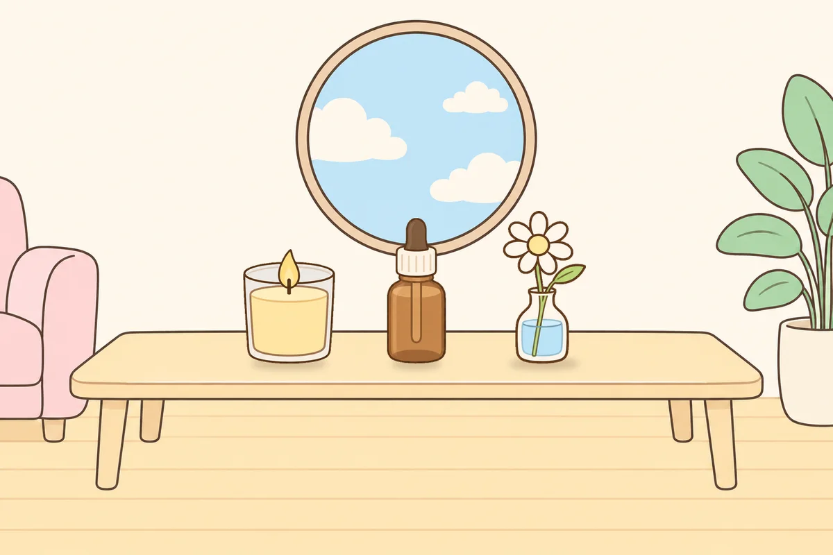 의왕 여성전용 스웨디시 가격 안내 그림, 거실 원목 테이블 위의 향초, 오일병, 데이지 꽃병