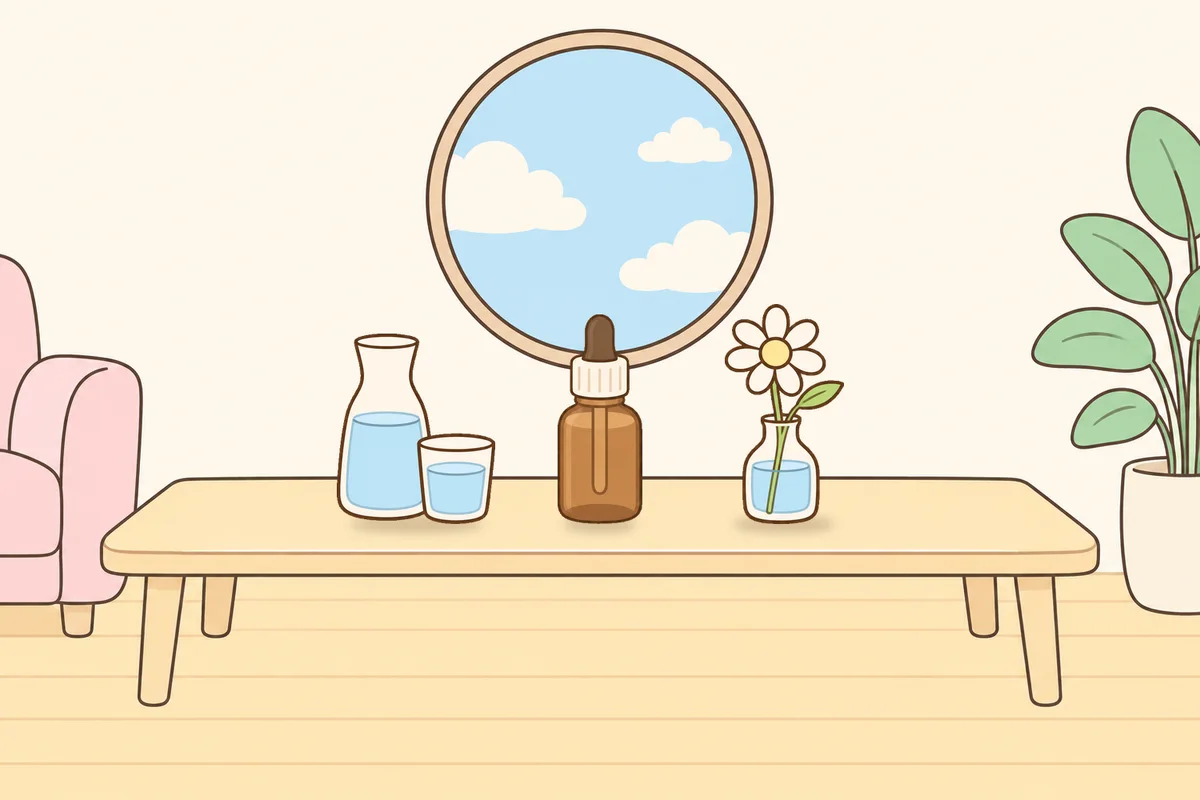 의왕 여성전용 홈케어 서비스 안내 그림, 거실 원목 테이블 위의 물병, 오일병, 데이지 꽃병