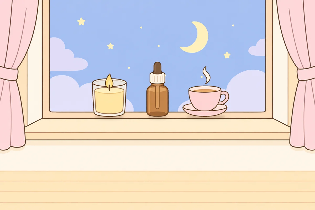 의왕 여성전용 홈케어 후기 안내 그림, 밤 창가 창턱 위의 향초, 오일병, 찻잔