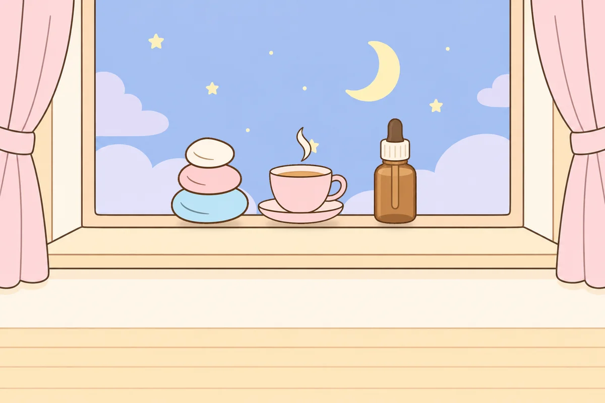 의왕 여성전용 발관리 안내 그림, 밤 창가 창턱 위의 조약돌, 찻잔, 오일병