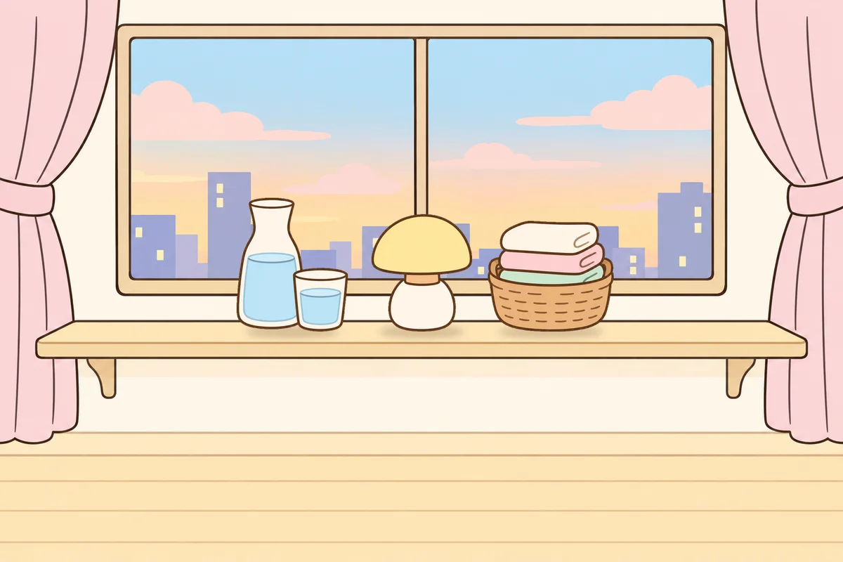 의왕 여성전용 발마사지 안내 그림, 호텔 창가 선반 위의 물병, 무드등, 수건 바구니