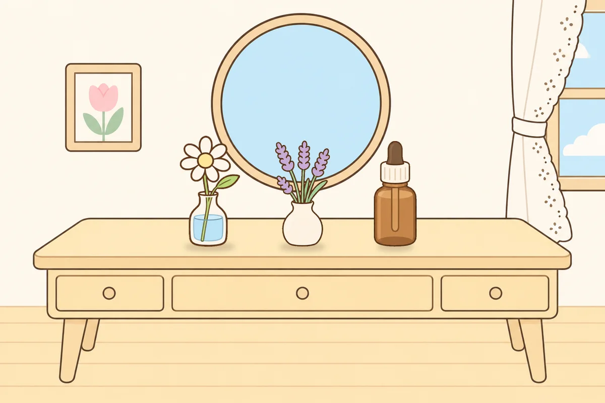 의왕 여성전용 등 마사지 안내 그림, 화장대 위의 데이지 꽃병, 라벤더 꽃병, 오일병