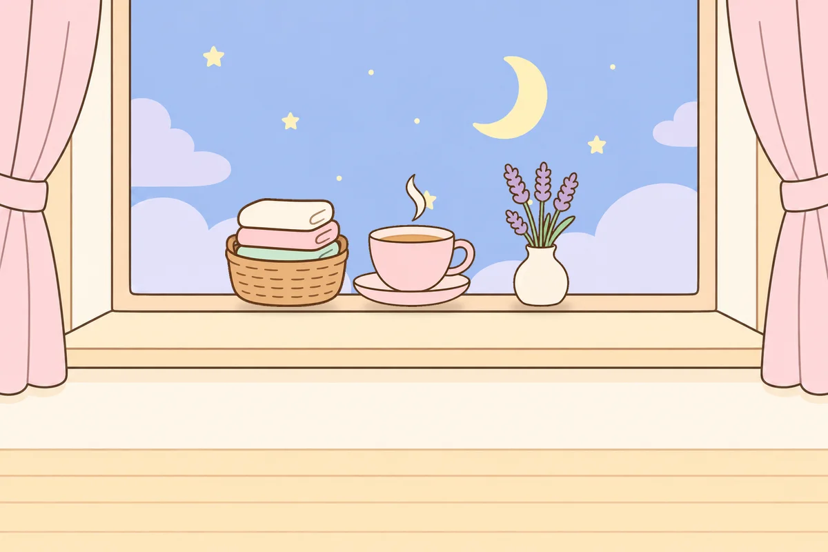 의왕 여성전용 얼굴 마사지 안내 그림, 밤 창가 창턱 위의 수건 바구니, 찻잔, 라벤더 꽃병