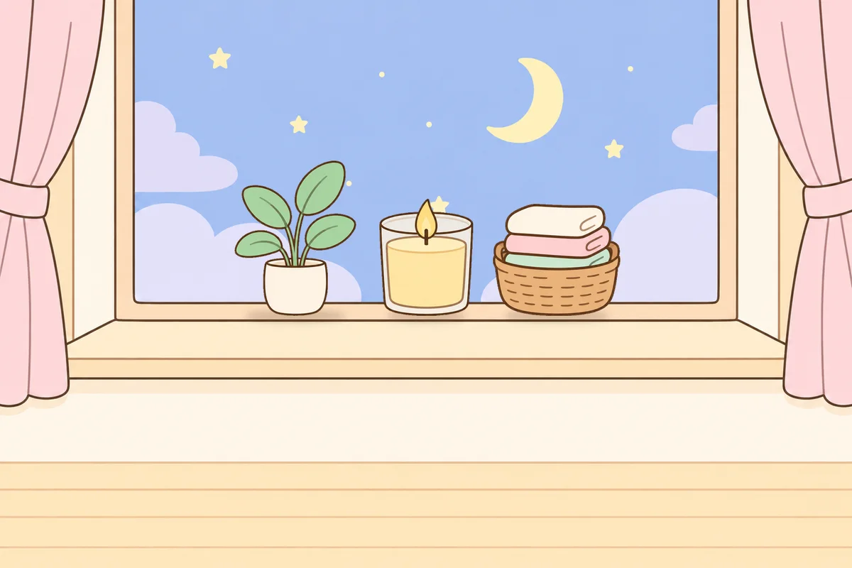 여주 여성전용 아로마 마사지 안내 그림, 밤 창가 창턱 위의 화분, 향초, 수건 바구니
