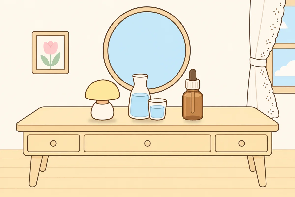 여주 여성전용 바디 경락 안내 그림, 화장대 위의 무드등, 물병, 오일병