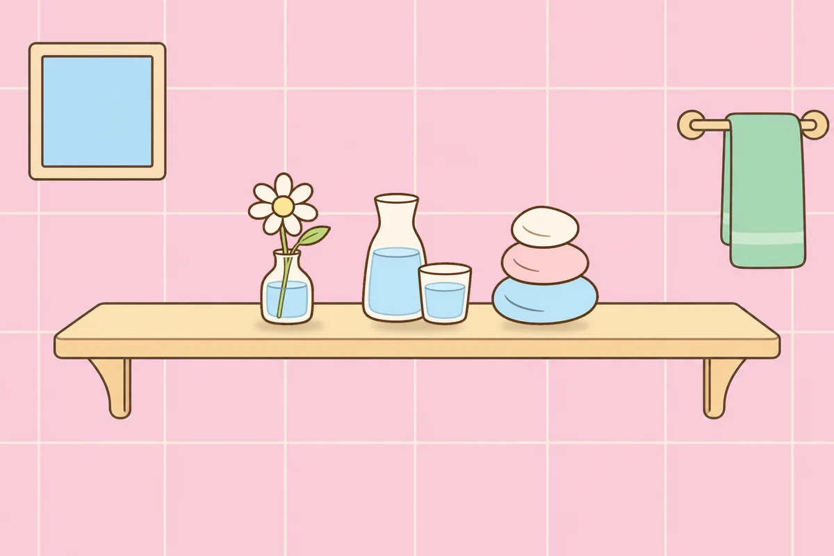 여주 여성전용 방문 홈케어 안내 그림, 파우더룸 선반 위의 데이지 꽃병, 물병, 조약돌