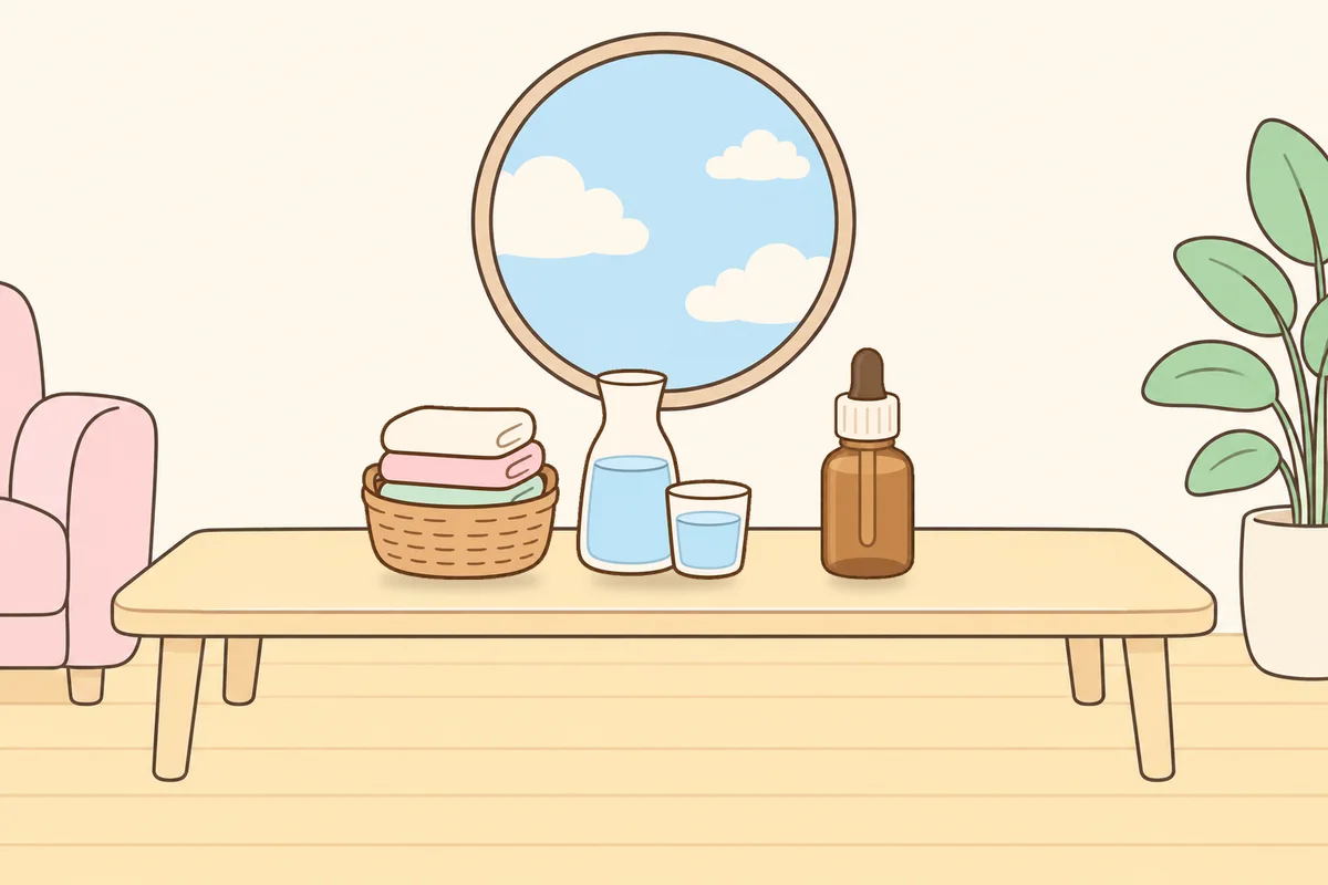 여주 여성전용 1인샵 안내 그림, 거실 원목 테이블 위의 수건 바구니, 물병, 오일병