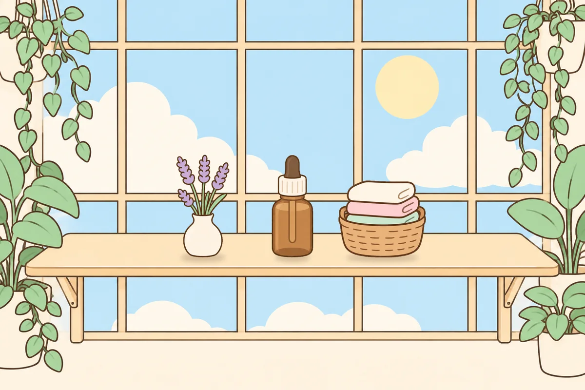 여주 여성전용 발관리 후기 안내 그림, 햇살 드는 창가 선반 위의 라벤더 꽃병, 오일병, 수건 바구니