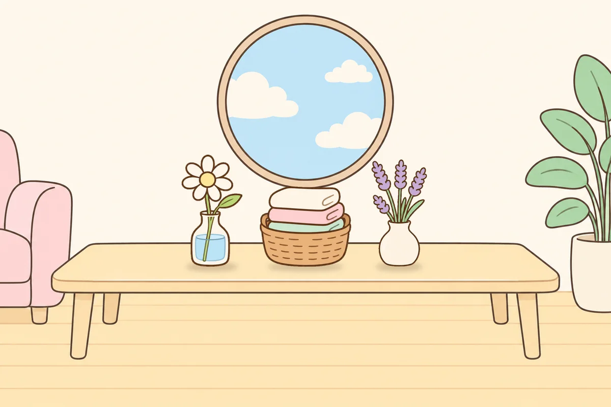 여주 여성전용 디톡스 마사지 안내 그림, 거실 원목 테이블 위의 데이지 꽃병, 수건 바구니, 라벤더 꽃병