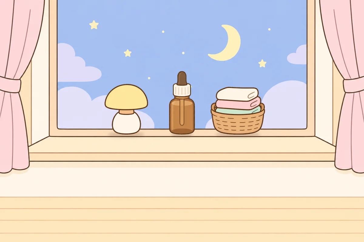 여주 여성전용 복부 마사지 안내 그림, 밤 창가 창턱 위의 무드등, 오일병, 수건 바구니