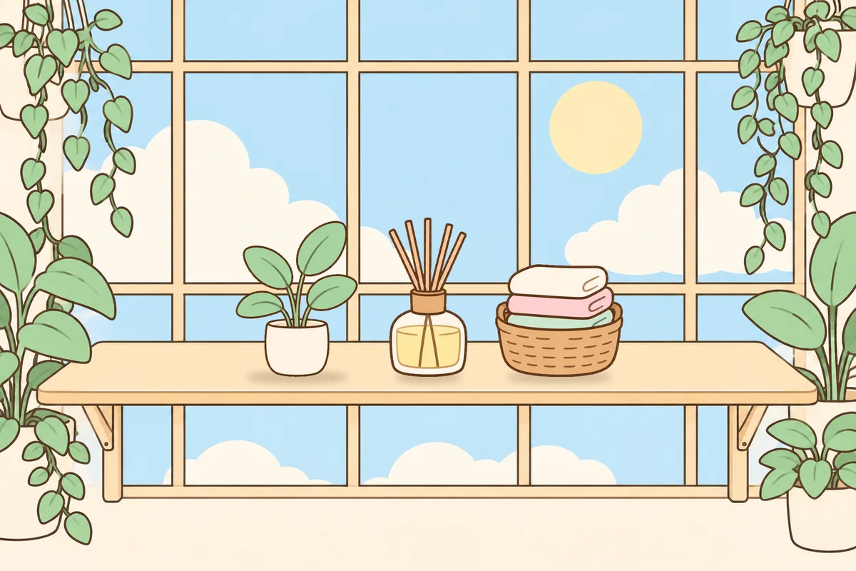 여주 여성전용 두피 케어 안내 그림, 햇살 드는 창가 선반 위의 화분, 디퓨저, 수건 바구니