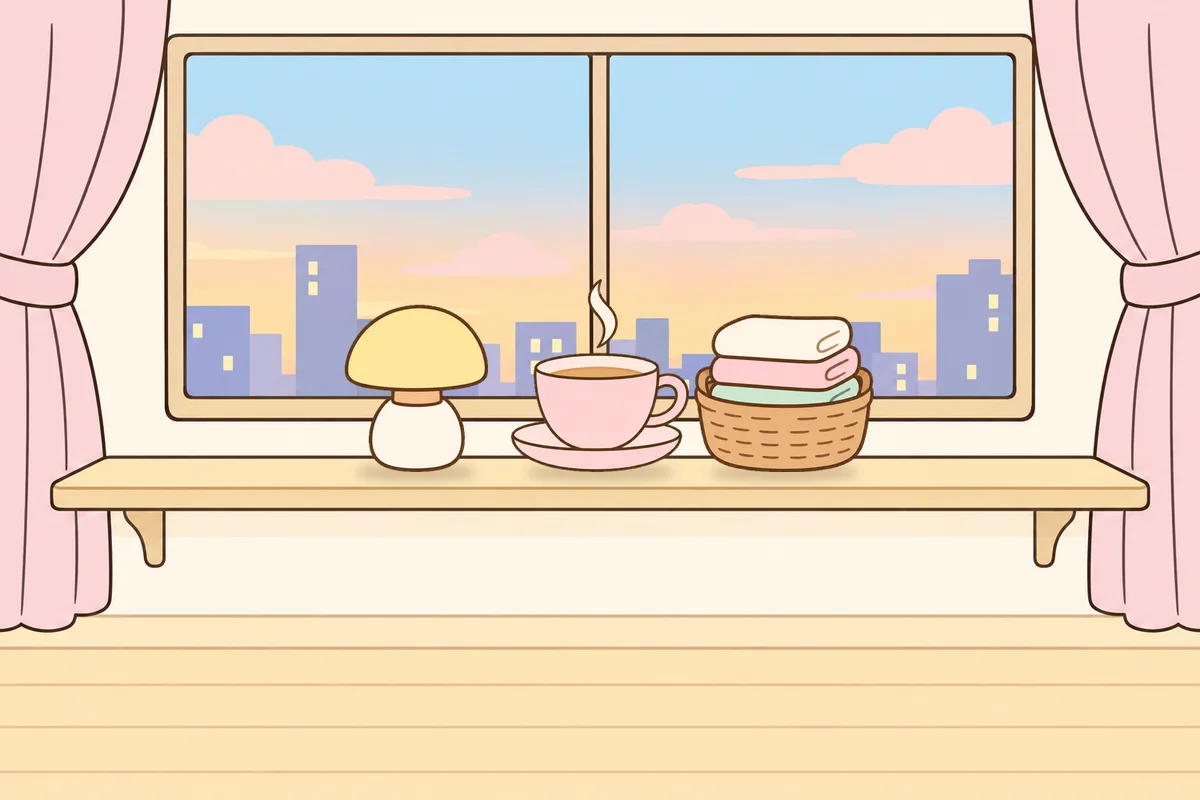여주 여성전용 어깨 마사지 안내 그림, 호텔 창가 선반 위의 무드등, 찻잔, 수건 바구니