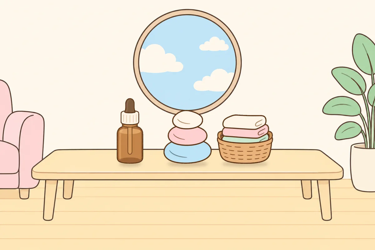여주 여성전용 목 어깨 케어 안내 그림, 거실 원목 테이블 위의 오일병, 조약돌, 수건 바구니