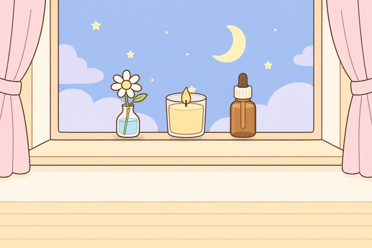 여주 여성전용 얼굴 마사지 안내 그림, 밤 창가 창턱 위의 데이지 꽃병, 향초, 오일병