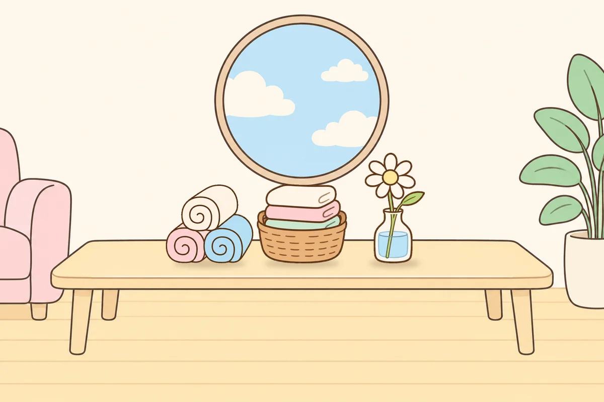 여주 여성전용 림프 페이셜 안내 그림, 거실 원목 테이블 위의 수건, 수건 바구니, 데이지 꽃병