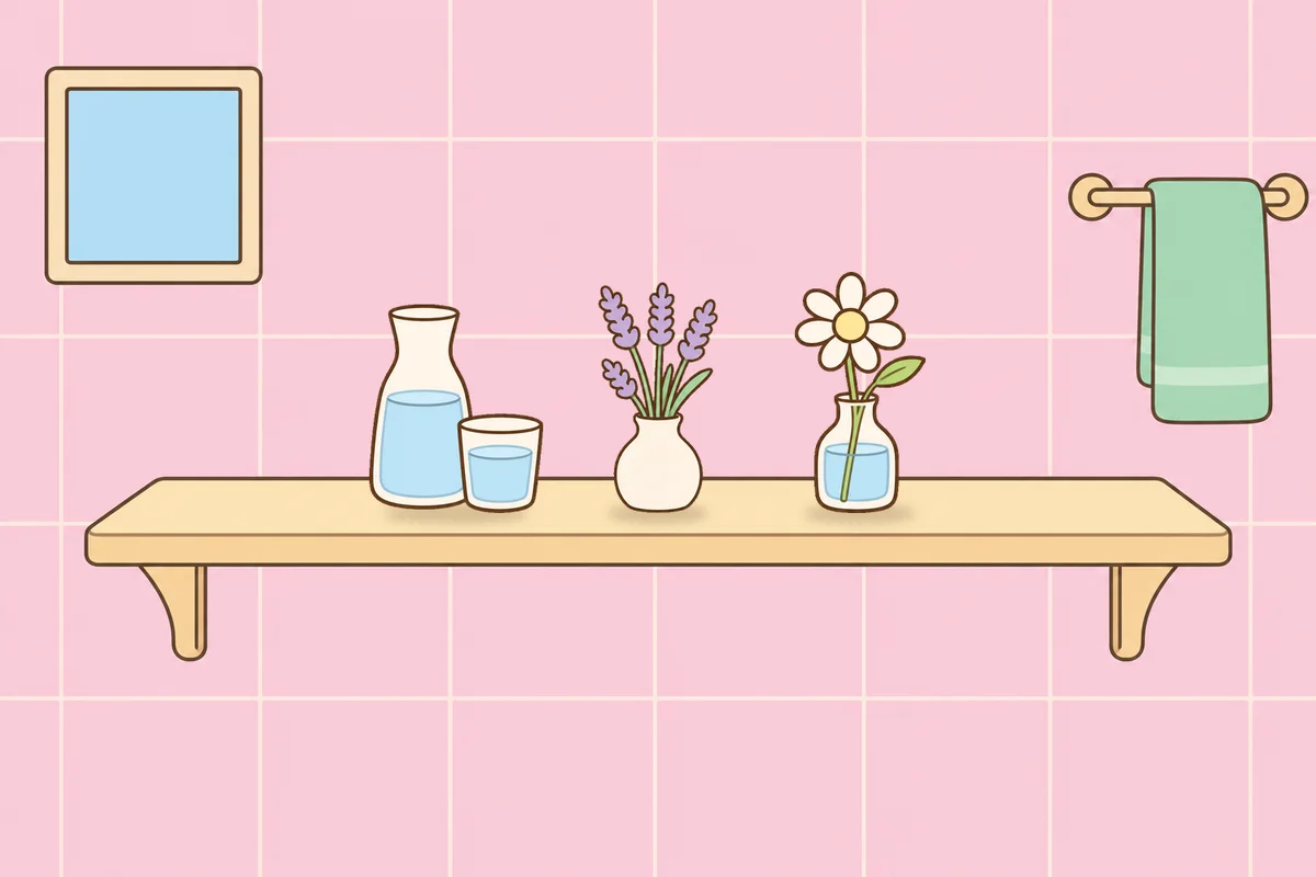 동두천 여성전용 아로마 마사지 안내 그림, 파우더룸 선반 위의 물병, 라벤더 꽃병, 데이지 꽃병