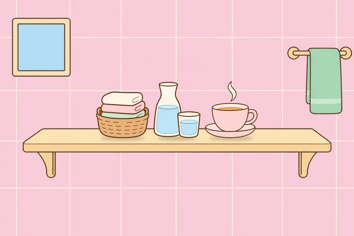 동두천 여성전용 아로마테라피 안내 그림, 파우더룸 선반 위의 수건 바구니, 물병, 찻잔