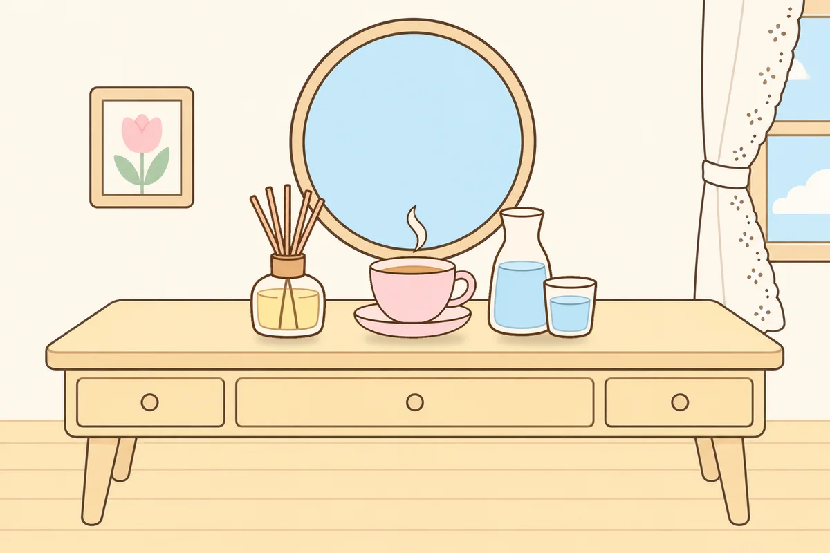 동두천 여성전용 경락 케어 안내 그림, 화장대 위의 디퓨저, 찻잔, 물병