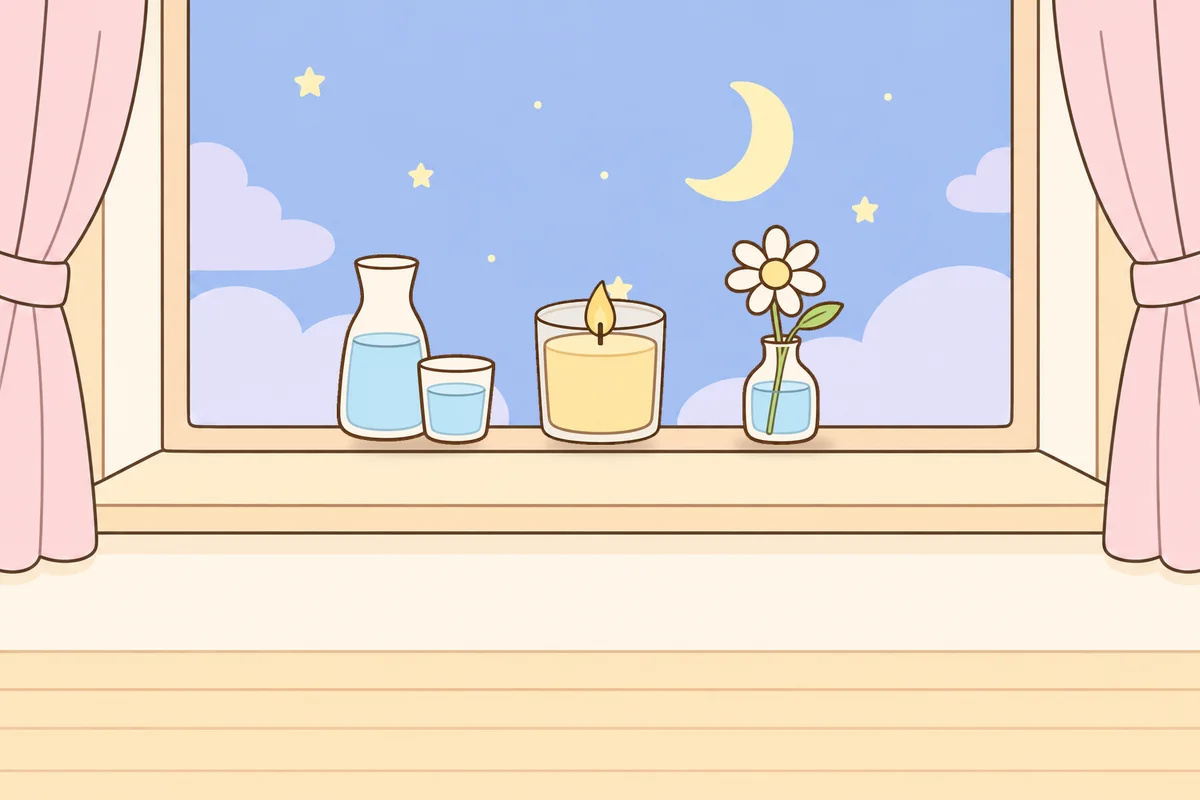 동두천 여성전용 1인샵 안내 그림, 밤 창가 창턱 위의 물병, 향초, 데이지 꽃병