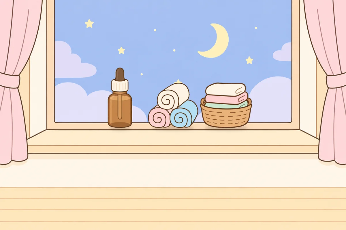 동두천 여성전용 발 케어 안내 그림, 밤 창가 창턱 위의 오일병, 수건, 수건 바구니