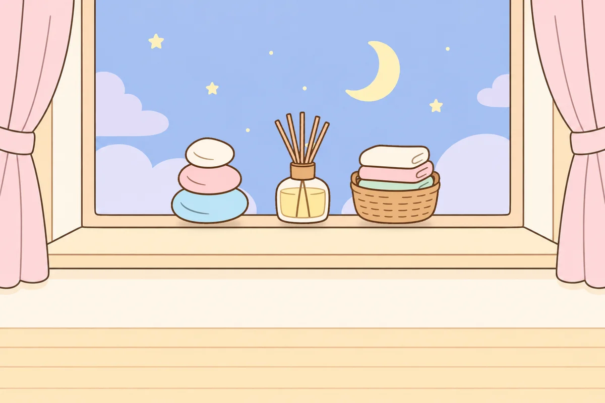 동두천 여성전용 복부 마사지 안내 그림, 밤 창가 창턱 위의 조약돌, 디퓨저, 수건 바구니