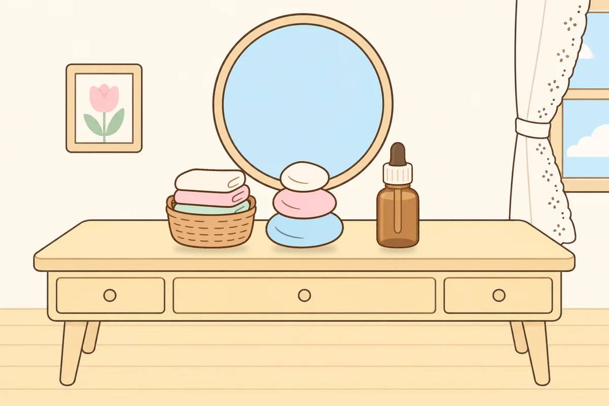 동두천 여성전용 등 마사지 안내 그림, 화장대 위의 수건 바구니, 조약돌, 오일병