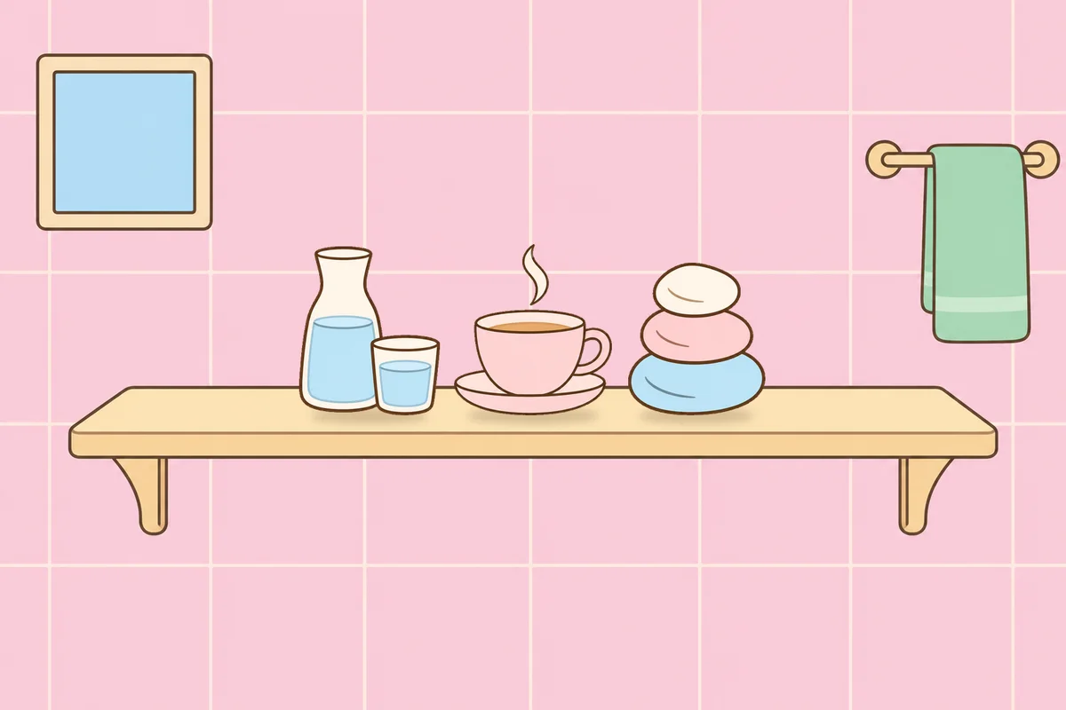 동두천 여성전용 목 어깨 케어 안내 그림, 파우더룸 선반 위의 물병, 찻잔, 조약돌