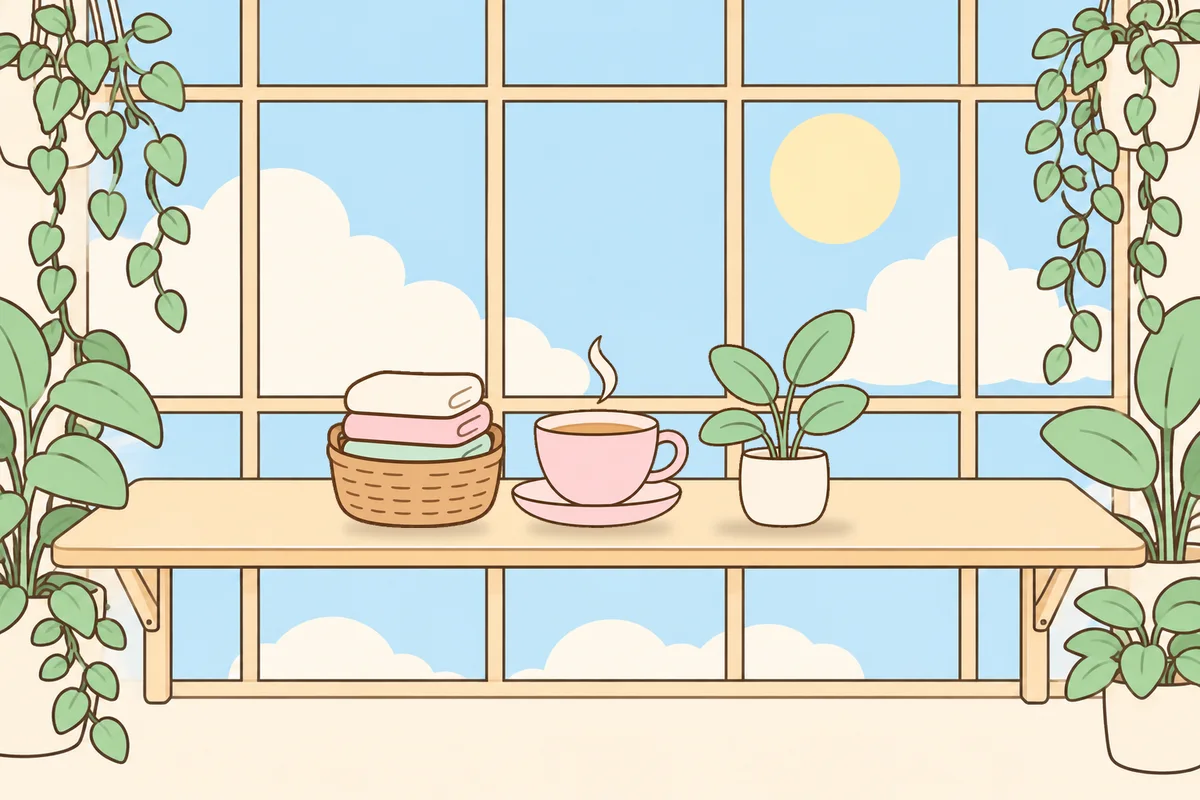 동두천 여성전용 스트레스 케어 안내 그림, 햇살 드는 창가 선반 위의 수건 바구니, 찻잔, 화분