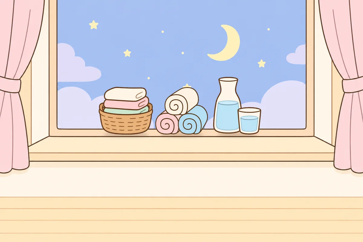 동두천 여성전용 페이셜 마사지 안내 그림, 밤 창가 창턱 위의 수건 바구니, 수건, 물병