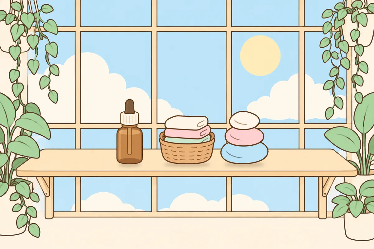 동두천 여성전용 피부 관리 안내 그림, 햇살 드는 창가 선반 위의 오일병, 수건 바구니, 조약돌
