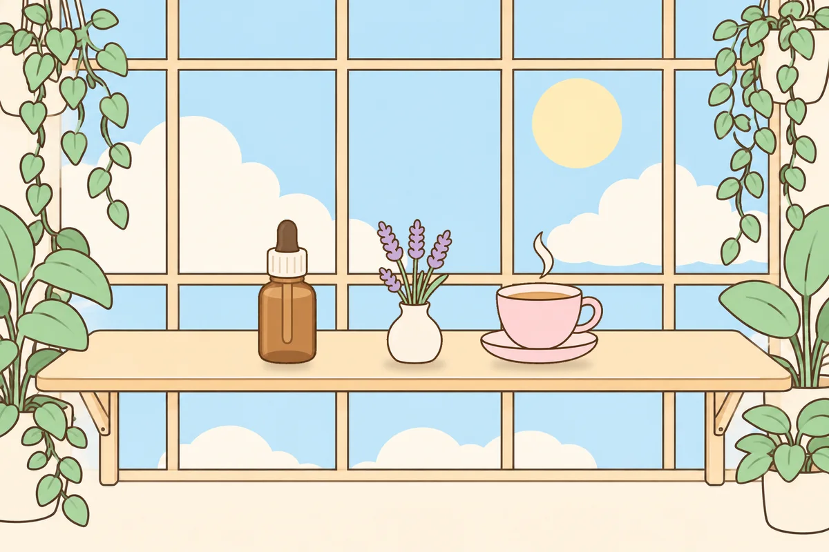 동두천 여성전용 마사지 예약 안내 그림, 햇살 드는 창가 선반 위의 오일병, 라벤더 꽃병, 찻잔