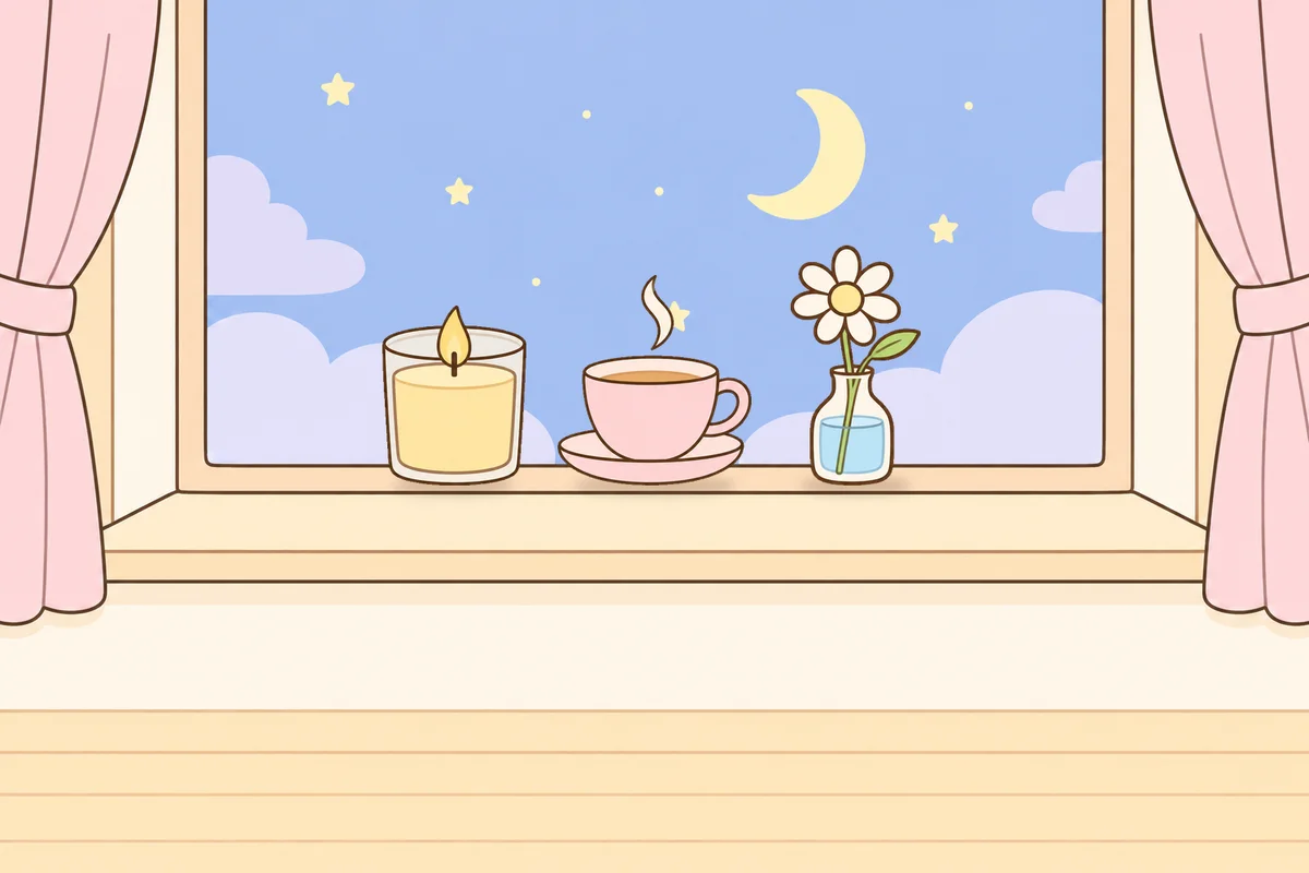 동두천 여성전용 마사지 후기 안내 그림, 밤 창가 창턱 위의 향초, 찻잔, 데이지 꽃병