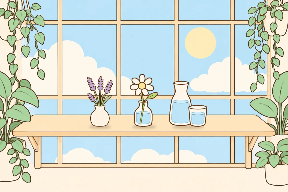 동두천 여성전용 마사지 가격 안내 그림, 햇살 드는 창가 선반 위의 라벤더 꽃병, 데이지 꽃병, 물병
