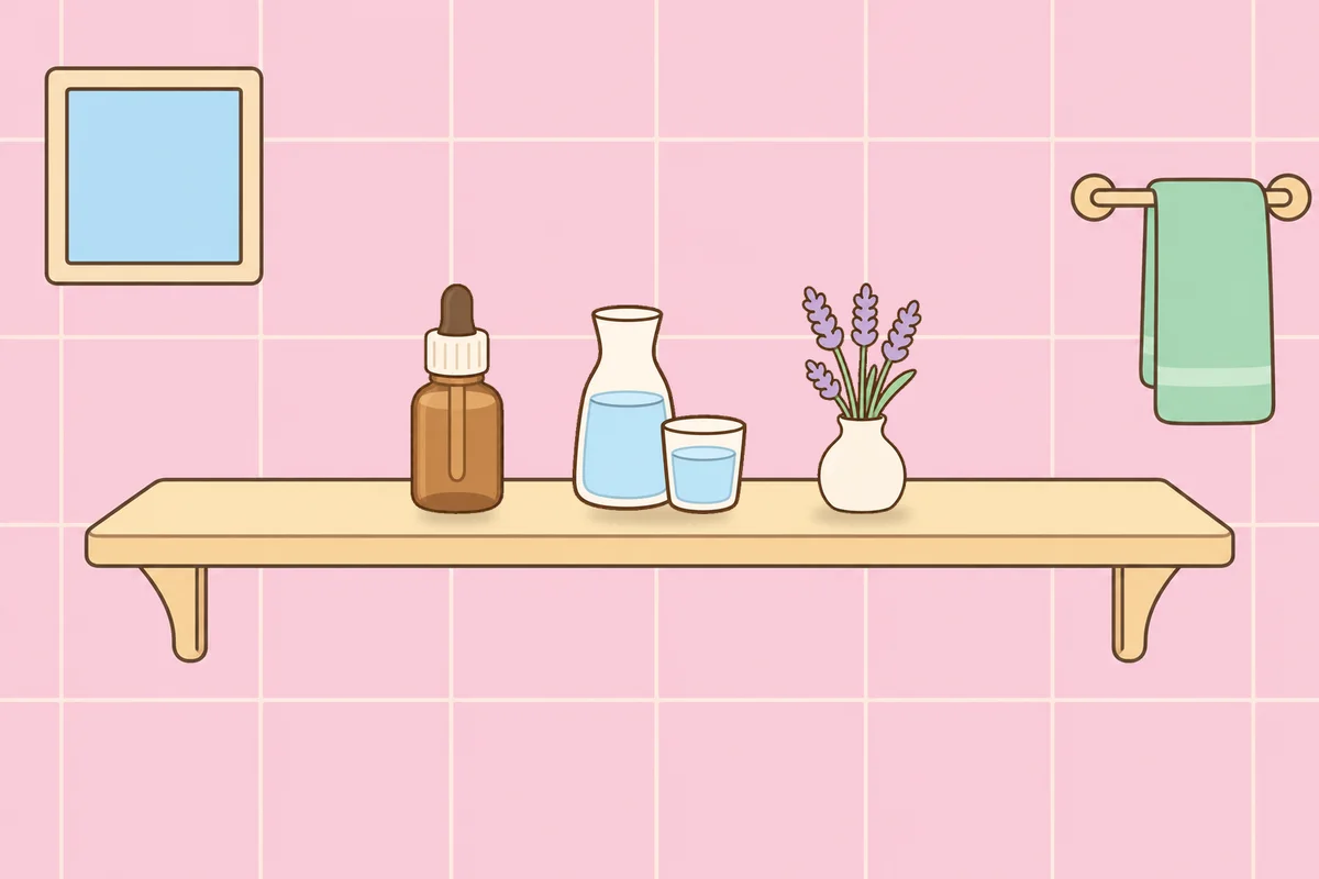 과천 여성전용 스웨디시 후기 안내 그림, 파우더룸 선반 위의 오일병, 물병, 라벤더 꽃병