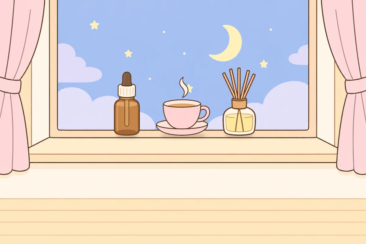 과천 여성전용 아로마 마사지 후기 안내 그림, 밤 창가 창턱 위의 오일병, 찻잔, 디퓨저
