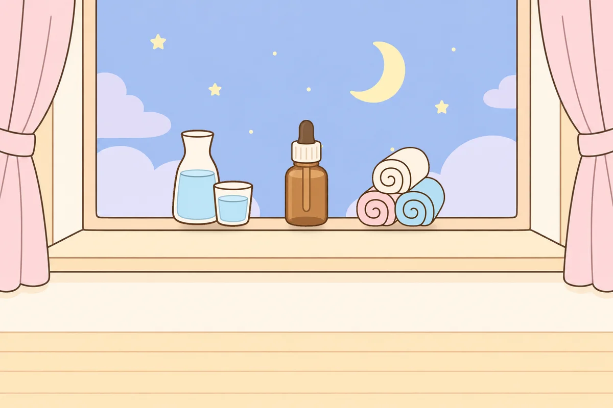 과천 여성전용 경락 케어 안내 그림, 밤 창가 창턱 위의 물병, 오일병, 수건