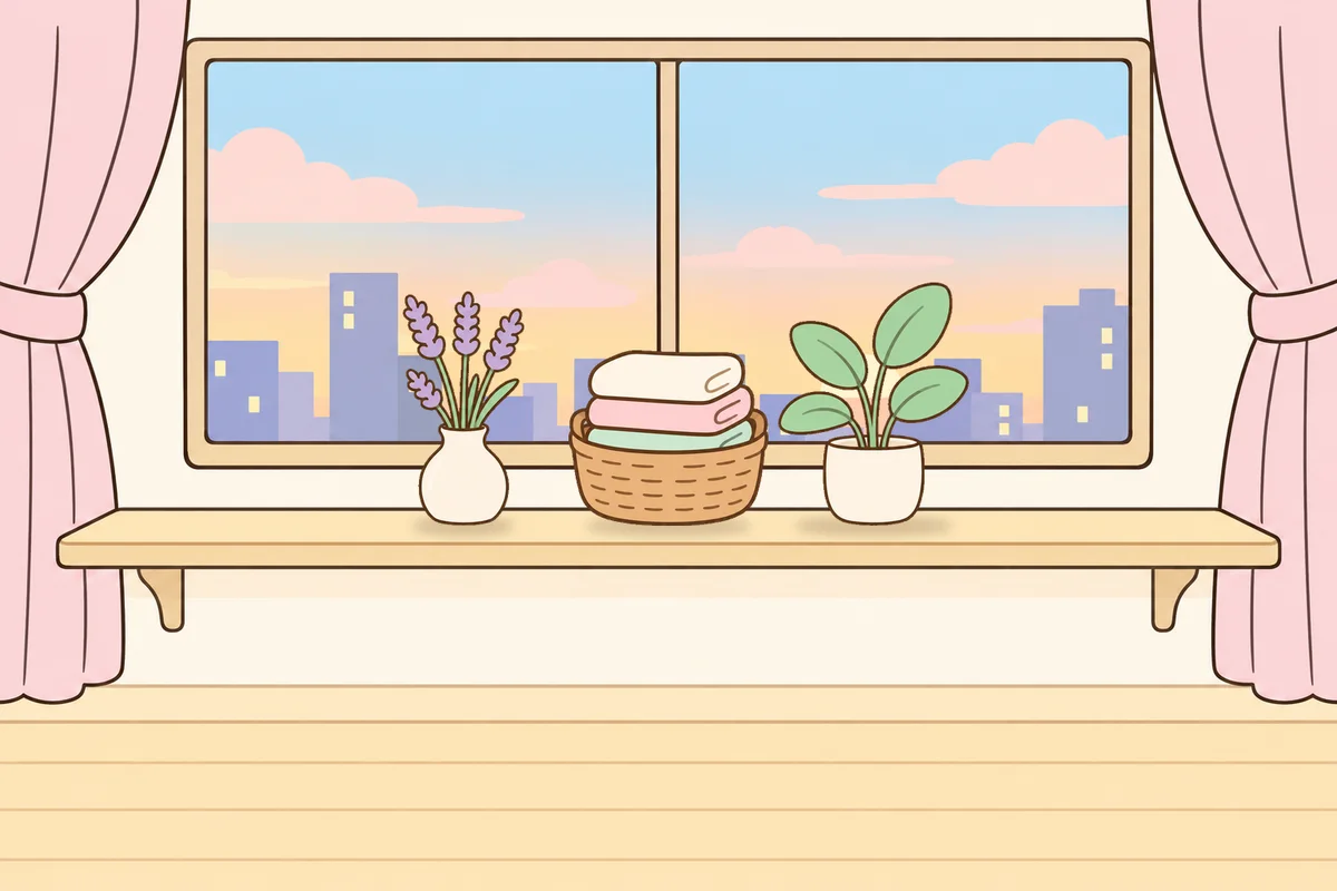 과천 여성전용 바디 경락 안내 그림, 호텔 창가 선반 위의 라벤더 꽃병, 수건 바구니, 화분