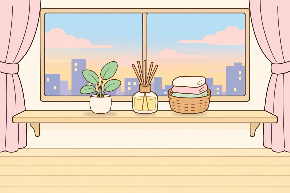 과천 여성전용 경락마사지 후기 안내 그림, 호텔 창가 선반 위의 화분, 디퓨저, 수건 바구니
