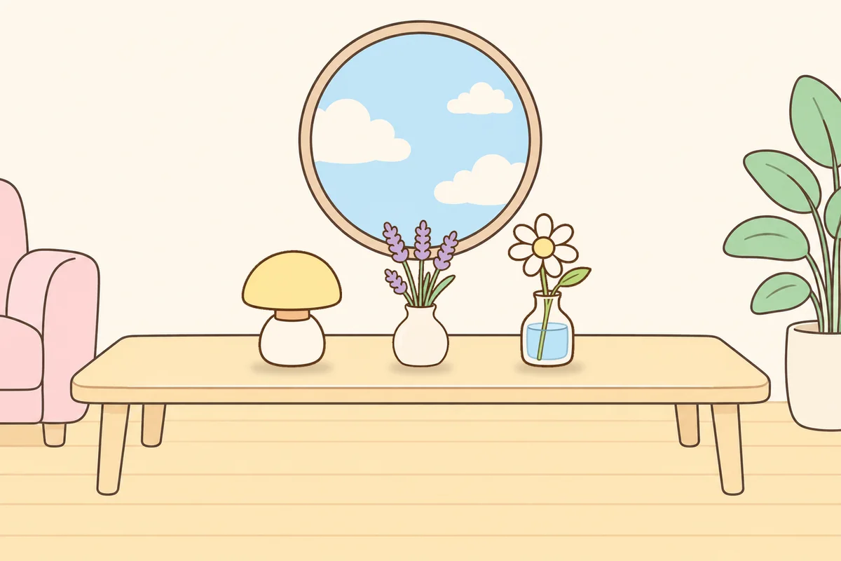 과천 여성전용 경락 추천 안내 그림, 거실 원목 테이블 위의 무드등, 라벤더 꽃병, 데이지 꽃병