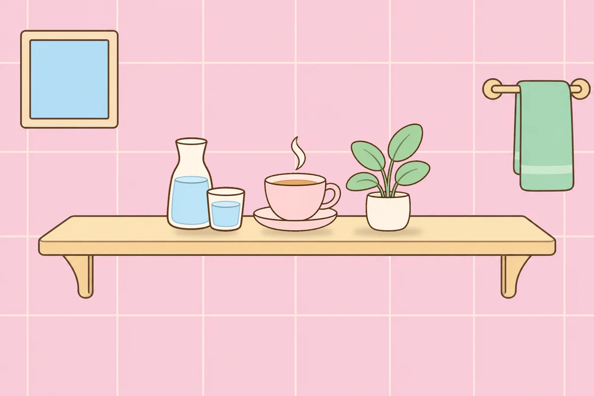 과천 여성전용 홈케어 후기 안내 그림, 파우더룸 선반 위의 물병, 찻잔, 화분