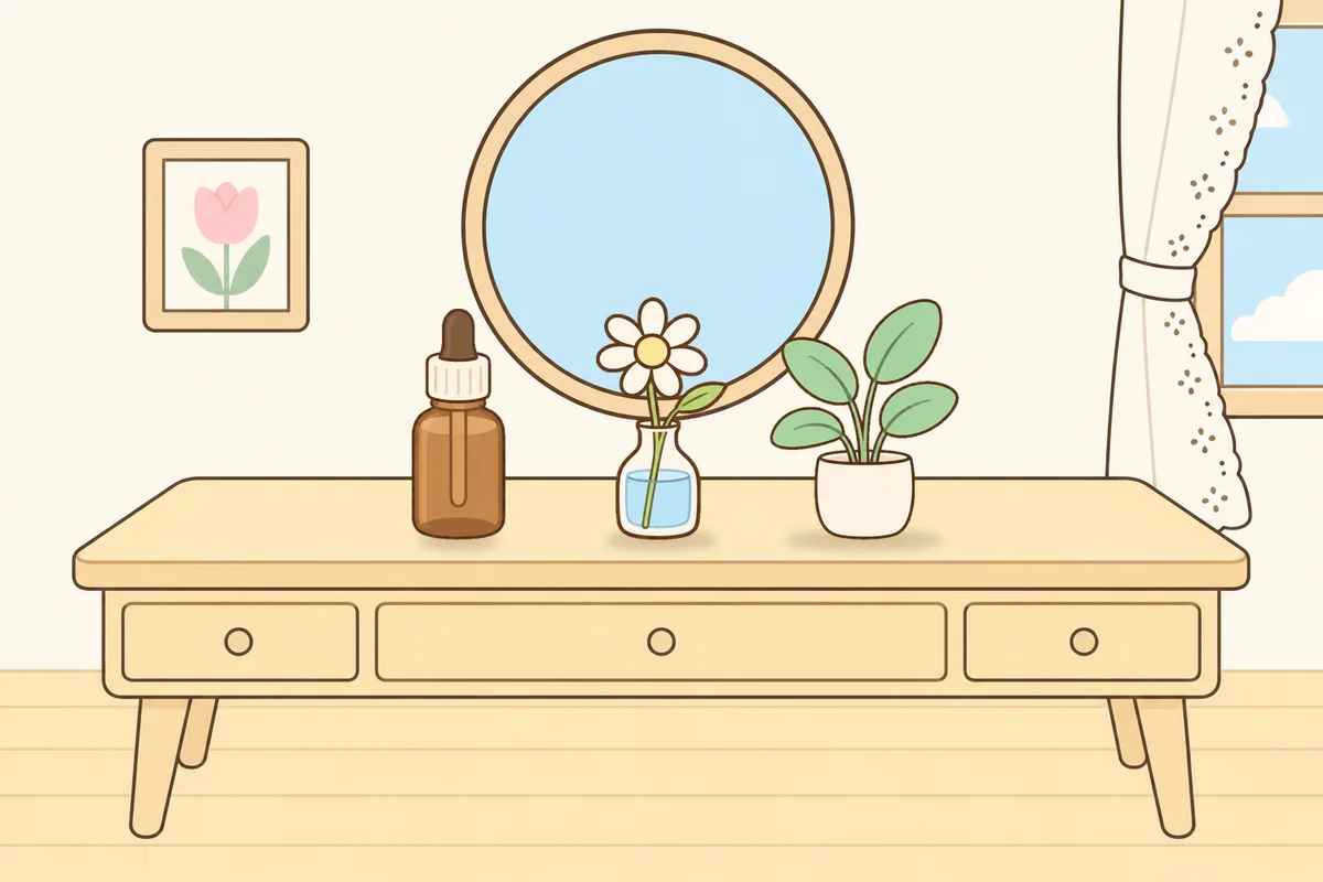 과천 여성전용 발 부종 케어 안내 그림, 화장대 위의 오일병, 데이지 꽃병, 화분