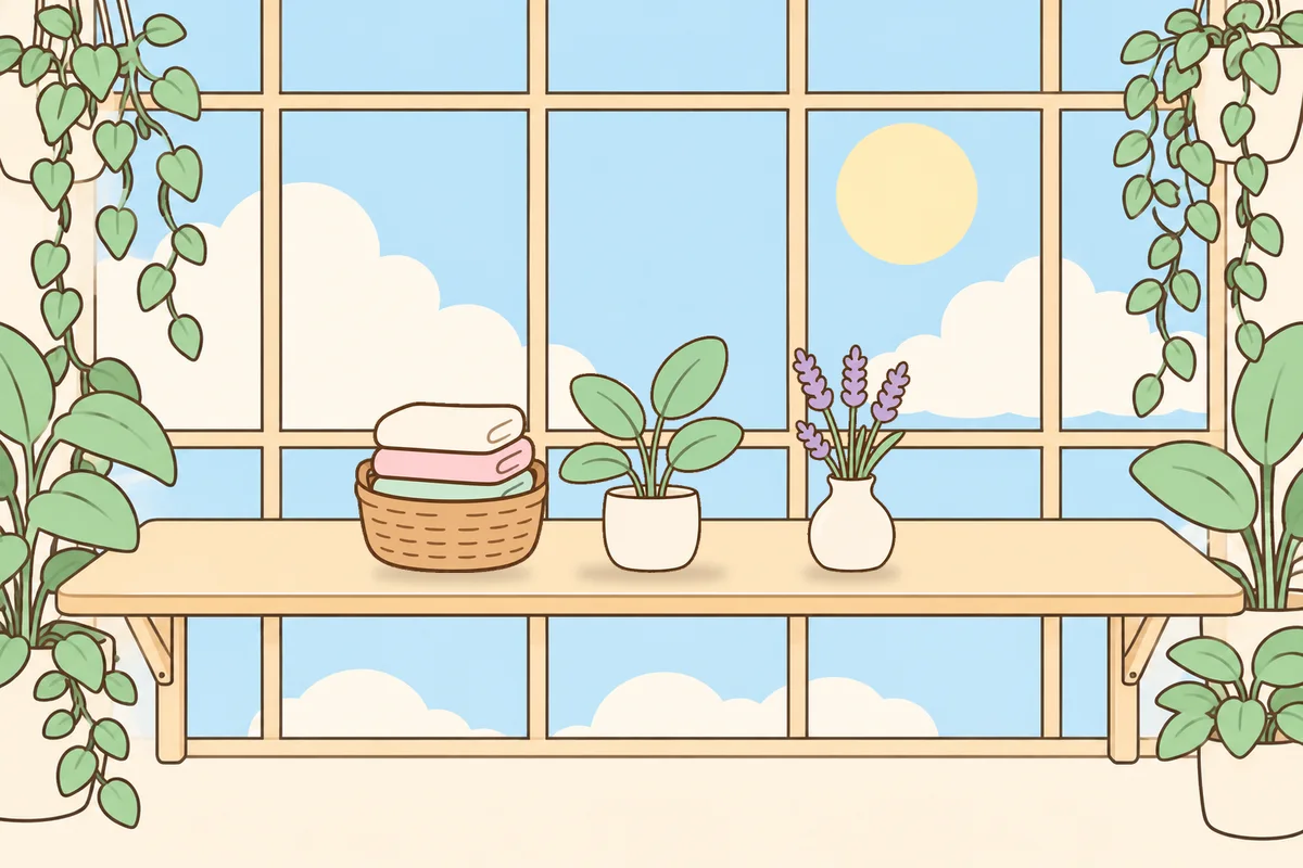 과천 여성전용 발관리 후기 안내 그림, 햇살 드는 창가 선반 위의 수건 바구니, 화분, 라벤더 꽃병