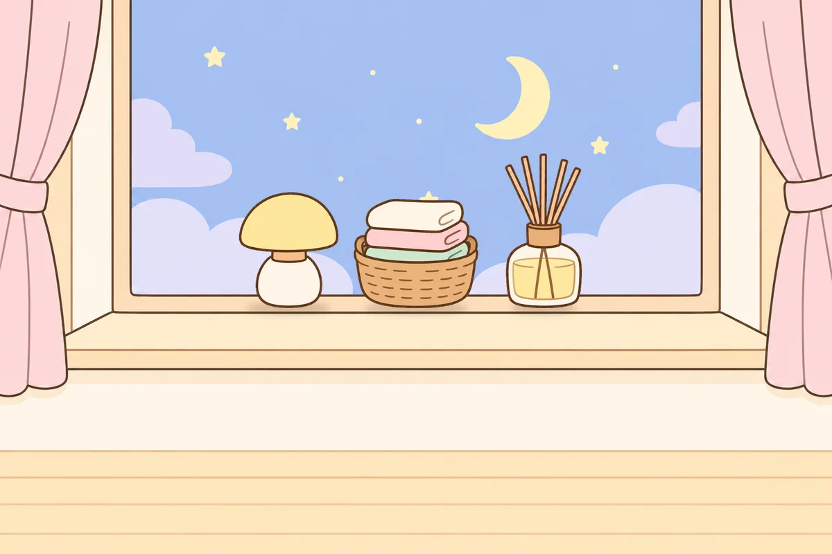 과천 여성전용 셀룰라이트 관리 안내 그림, 밤 창가 창턱 위의 무드등, 수건 바구니, 디퓨저