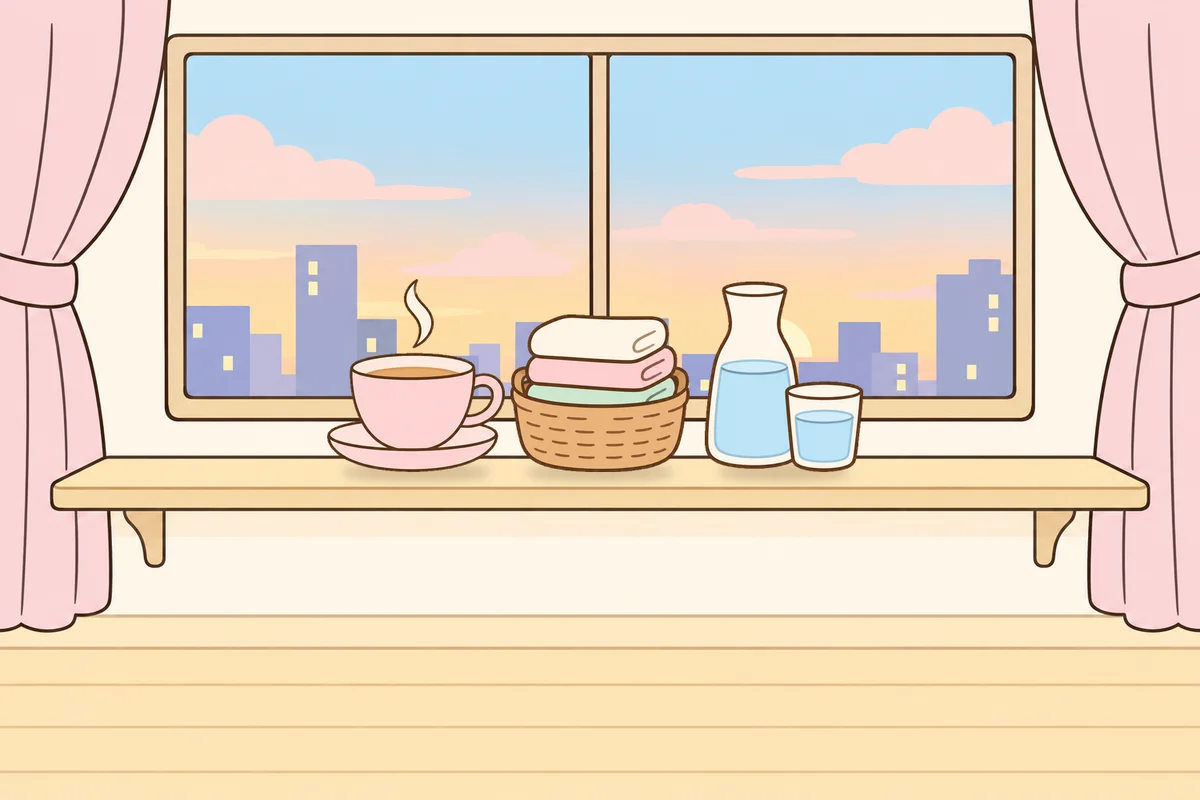 과천 여성전용 슬리밍 마사지 안내 그림, 호텔 창가 선반 위의 찻잔, 수건 바구니, 물병