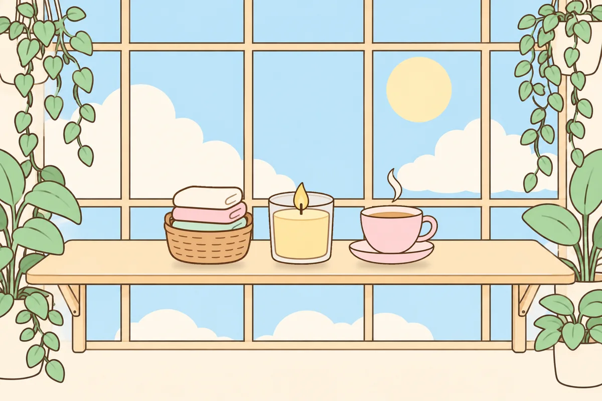 과천 여성전용 디톡스 마사지 안내 그림, 햇살 드는 창가 선반 위의 수건 바구니, 향초, 찻잔
