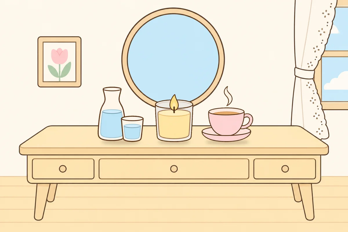 과천 여성전용 다이어트 마사지 안내 그림, 화장대 위의 물병, 향초, 찻잔