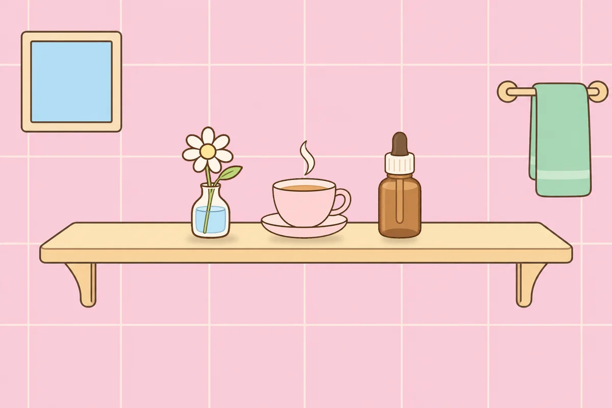 과천 여성전용 복부 마사지 안내 그림, 파우더룸 선반 위의 데이지 꽃병, 찻잔, 오일병