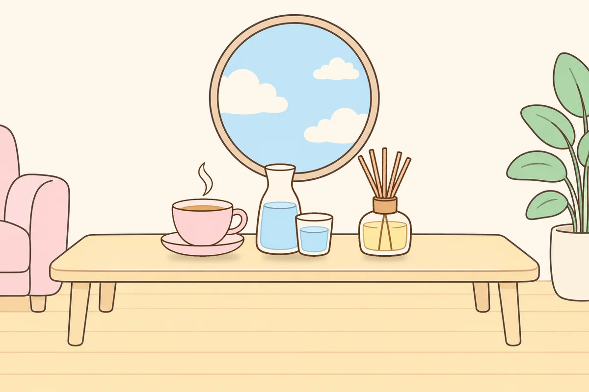 과천 여성전용 등 마사지 안내 그림, 거실 원목 테이블 위의 찻잔, 물병, 디퓨저