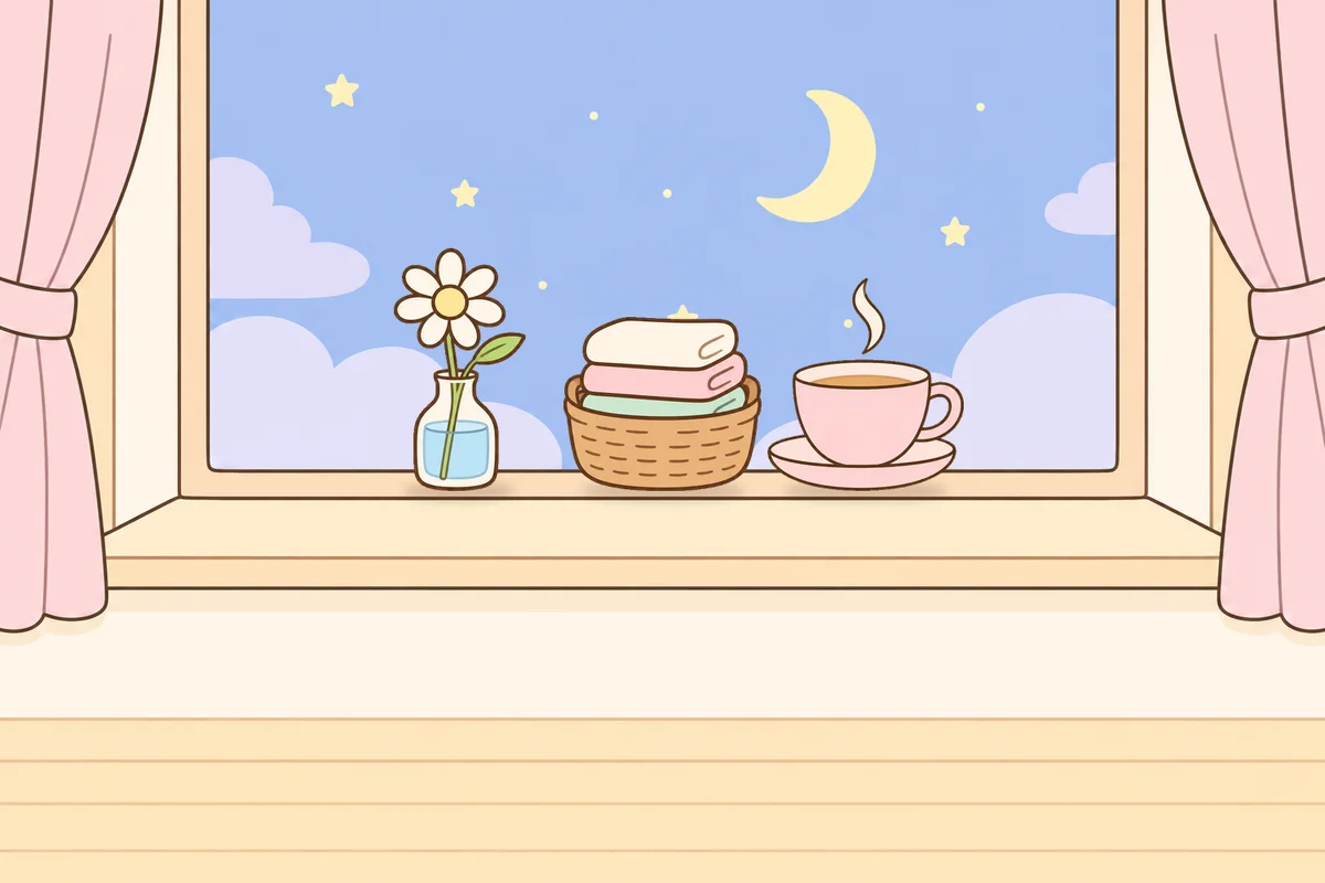 과천 여성전용 두피 케어 안내 그림, 밤 창가 창턱 위의 데이지 꽃병, 수건 바구니, 찻잔